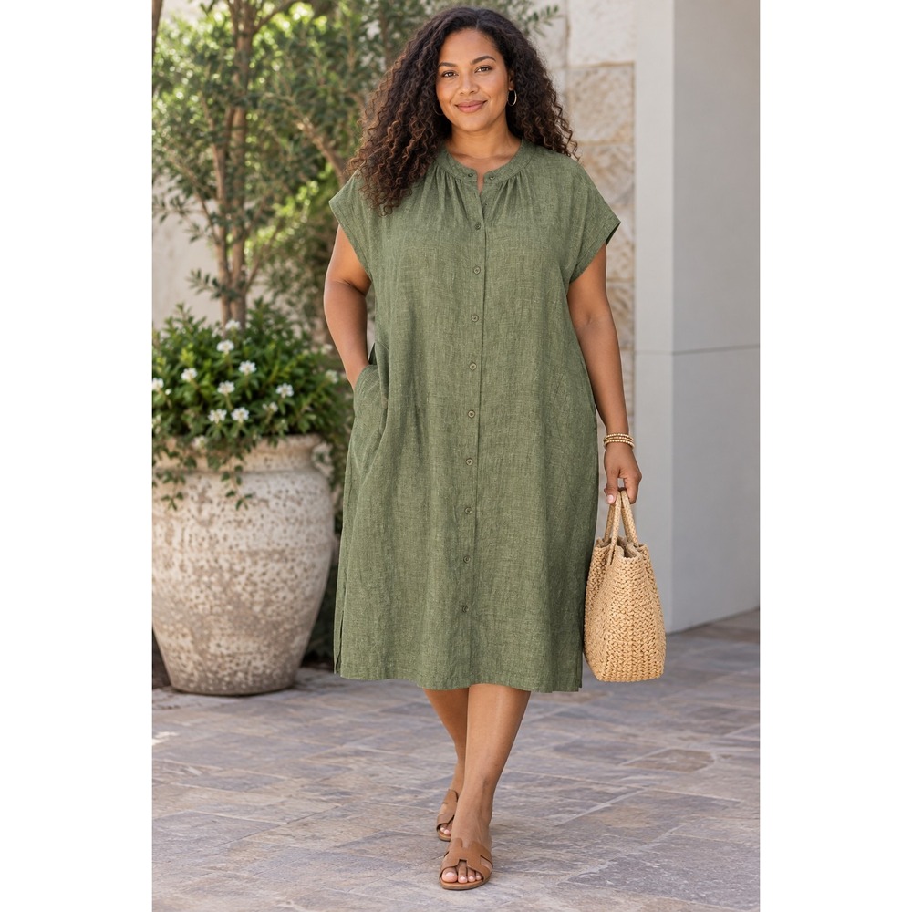 Eileen Fisher Shirt Dress 2X  Womens 100% Organic Linen Button Down Green Resort